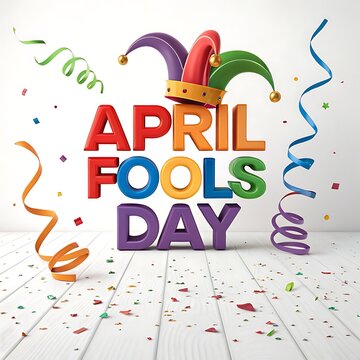 Festive april fools' day celebration colorful 3d text with jester hat and confetti for pranks and humor