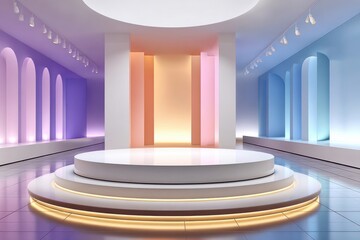 Fototapeta premium Circular illuminated podium in a modern pastel showroom room for product display and presentation