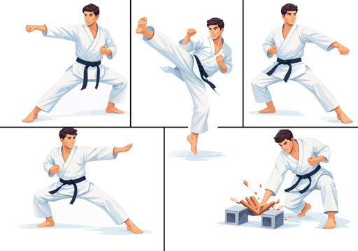 077-29-Male karatist with a black belt performing different fighting stances and breaking wood