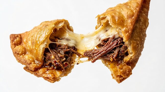 A savory empanada, split open to reveal a generous filling of shredded beef and melted cheese, stretched enticingly.