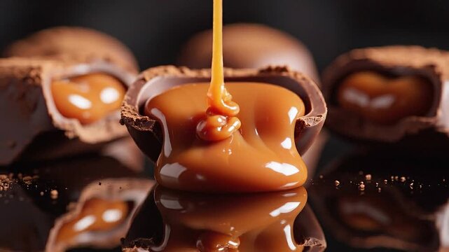 Pouring liquid caramel into a chocolate shell macro