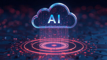 Fototapeta premium Cloud and edge computing technology data transfer concept. A large cloud icon is in the center, Ai Brain Cloud Big data, network, Science and futuristic ai cloud background concept.