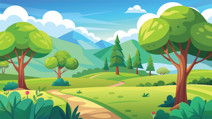Fototapeta premium Green hills with trees and pathway lead to mountains in a clear sky during the day