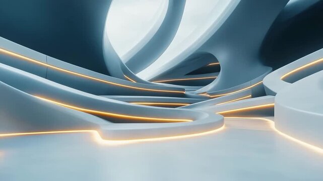 Futuristic museum showcasing symmetrical spiraling ramps illuminated by soft lighting for an immersive visitor experience