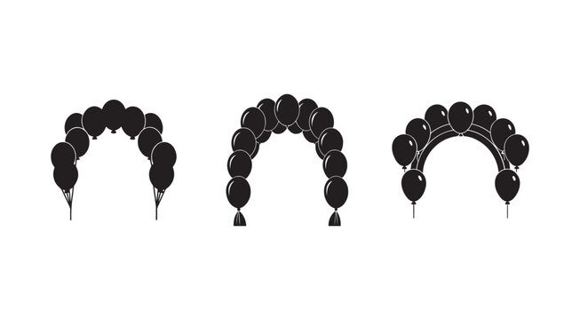 Black balloons in arch shape arrangements for parties and celebrations with white outlines on white background  various sizes and shapes