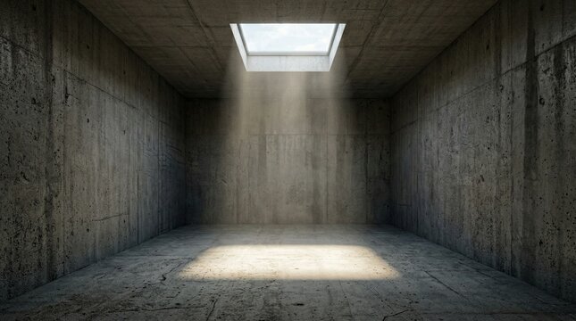 Empty concrete room with single skylight on ceiling