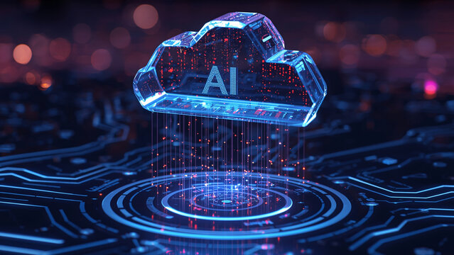 Cloud and edge computing technology data transfer concept. A large cloud icon is in the center, Ai Brain Cloud Big data, network, Science and futuristic ai cloud background concept.