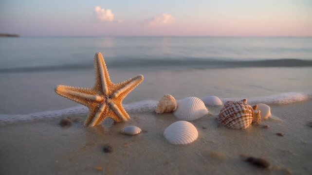 Starfish and various seashells resting on wet sand as gentle ocean waves flow over the shore during a calm sunset with soft orange and blue light reflecting on the water surface.