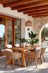 Fototapeta premium Teak outdoor dining table and wicker chairs on Mediterranean stone terrace with potted plants