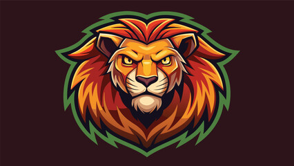 Obraz premium Lion head logo design showing a fierce expression with bright orange and yellow colors on a dark background