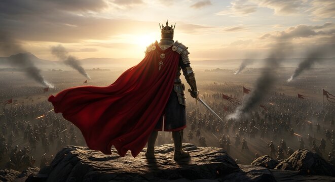 King in armor standing on a rock with a dramatic sunset background