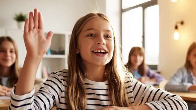 Young girl with long hair raising her hand in a classroom setting with friends