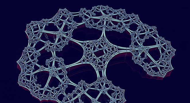 Complex fractal structure with intricate geometric patterns on a dark blue background visual design