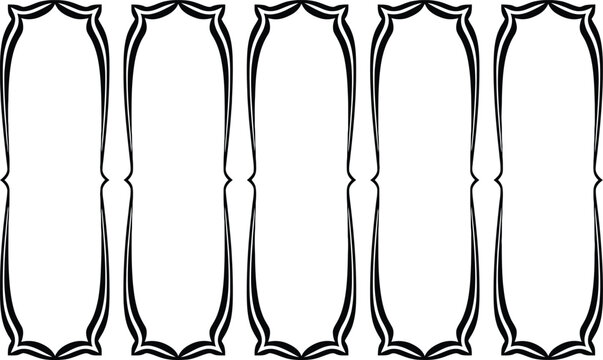Set of five empty decorative oval frames with ornate borders, black and white graphic design elements