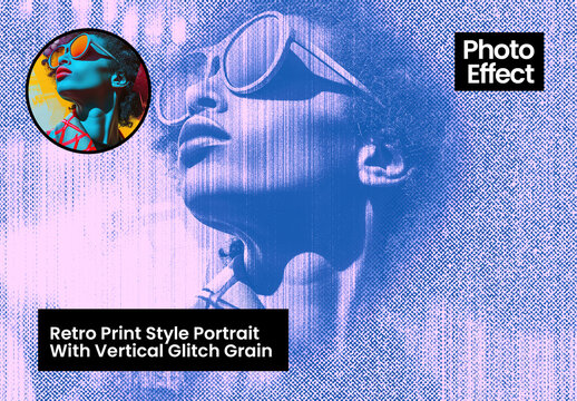 Retro Print Style Portrait With Vertical Glitch Grain