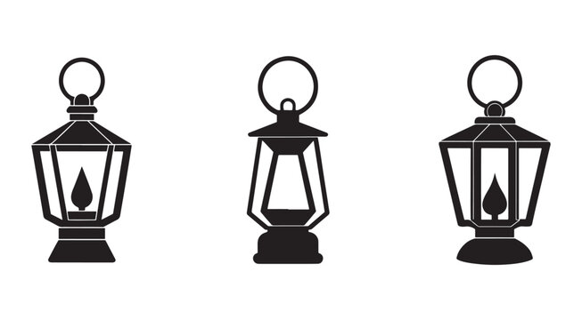 Black lantern silhouettes with handles  old fashioned street lamps  isolated on white background
