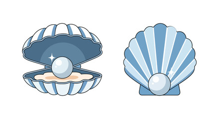 Illustration of two blue scallop shells one open with a pearl inside © Saidul_Studio1984