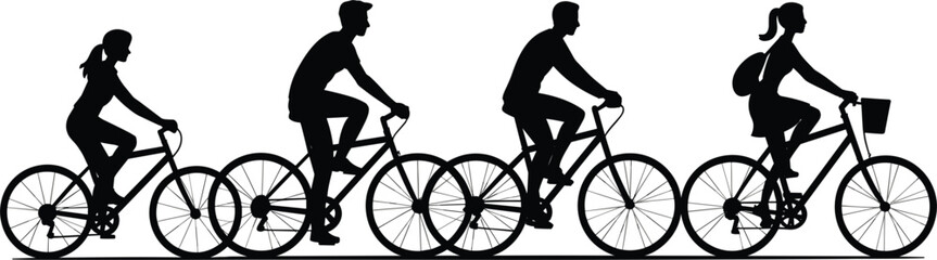 Obraz premium Silhouettes of four people riding bicycles in a row on white background illustration vector