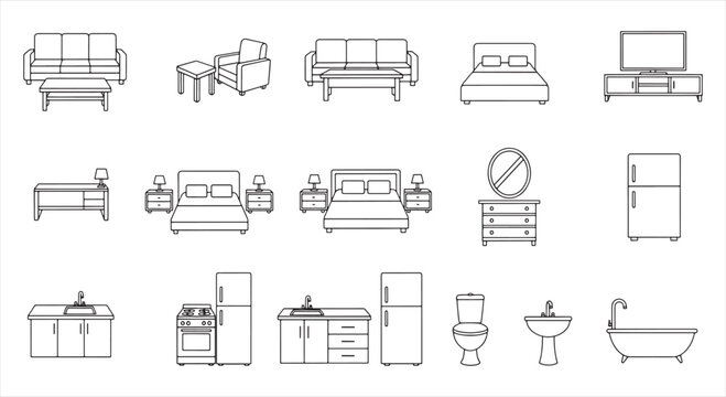 Home furniture and appliances outline icons set, living room bedroom kitchen bathroom, line art vector