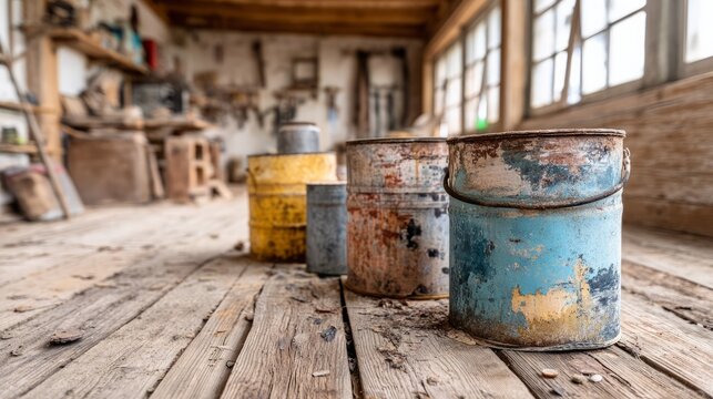 Weathered Paint Thinner Cans in a Rustic Workshop Environment