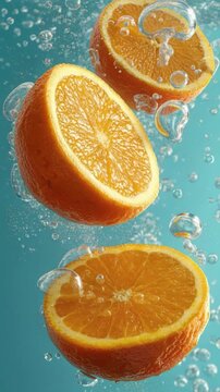 Close up of fresh orange slices floating in clear, sparkling water. Small bubbles rise around the juicy fruit, creating a vibrant, refreshing, and energetic visual. Captures pure citrus refreshment.
