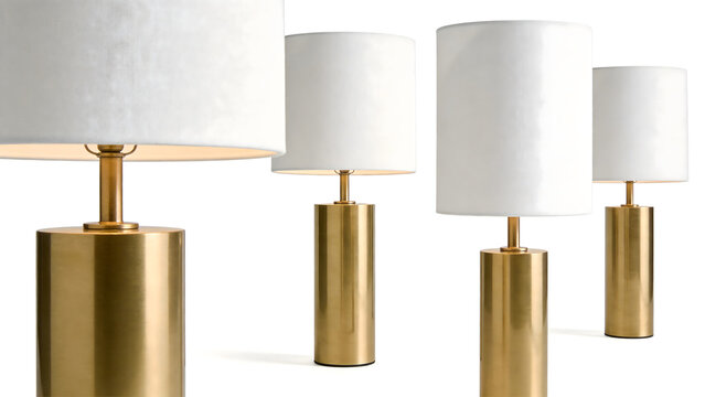 Solid brass geometric table lamp cylinder base white linen cylinder shade on white