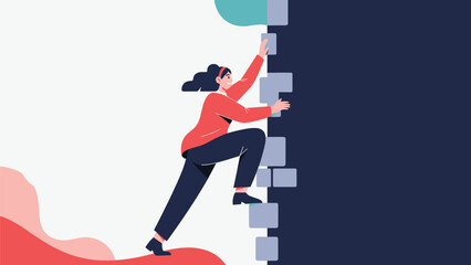 Naklejka premium Determined woman climbing up a wall of stone blocks to represent personal growth, challenge, and reaching the top.