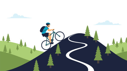 Obraz premium Motivated man riding a mountain bike up a steep winding road through a forest of pine trees towards the high hills.
