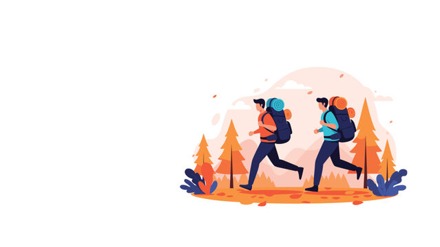 Two male backpackers running through autumn forest landscape with mountains in background during hiking adventure.