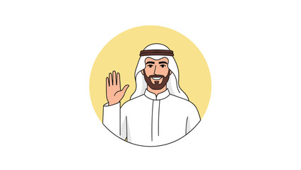 Fototapeta premium Friendly arab man in traditional white thobe and ghutra waving his hand warmly inside a yellow circle frame icon.