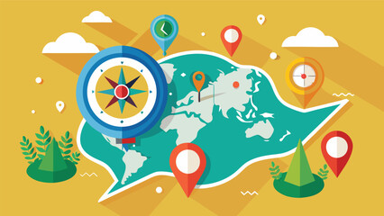 Naklejka premium Map with compass and location markers in a flat design style with world outline and nature elements