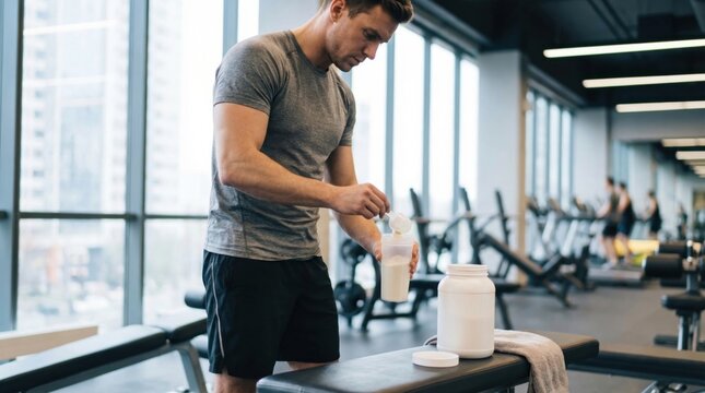 Muscular man preparing protein shake with powder in shaker at gym. Athlete measuring dietary supplement for post workout recovery. Healthy lifestyle and fitness nutrition concept.