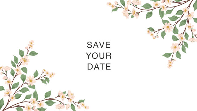 Elegant save your date wedding invitation background with blooming white flower branches in corners and copy space.