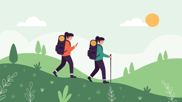 Two female hikers with backpacks walking along a green hilly landscape during a sunny day with clouds and a bright sun in the sky.