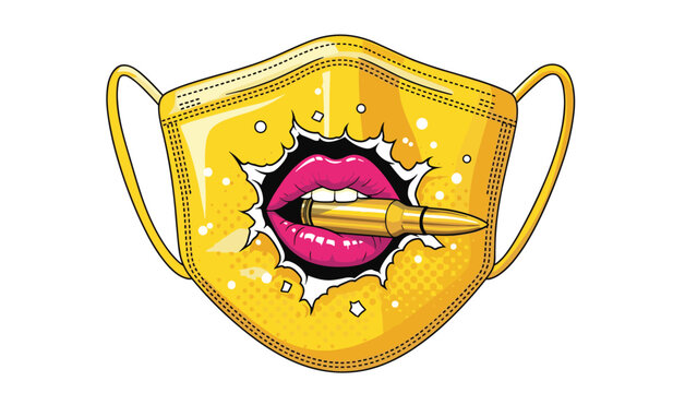 Creative illustration of a yellow protective face mask featuring a mouth biting a golden bullet in a bold pop art style for a modern statement.