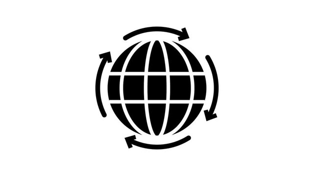 Globe with rotating arrow icon loop animation on white background.