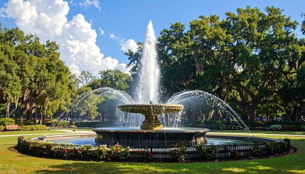 Forsyth Park Fountain in Savannah Georgia on a Bright Sunny Day with Clouds