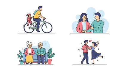 Fototapeta premium Set of illustrations showing people in different life stages like cycling with a child, dating, and elderly relaxation.