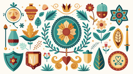 Fototapeta premium Decorative designs featuring flowers, shields, and symbols in a colorful arrangement from a creative project