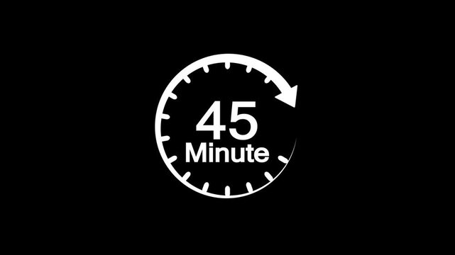 45 minute countdown timer clock icon animation on black background.