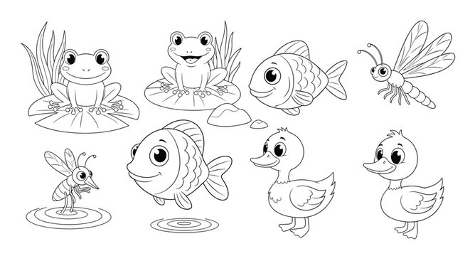Black and white line art illustration for coloring features various pond animals like frogs fish ducks and flying insects on water.