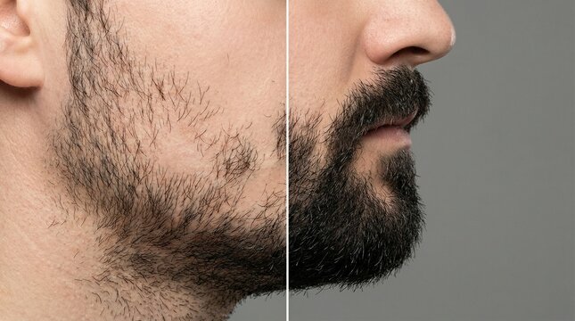 Man's facial hair before and after beard growth treatment or styling.