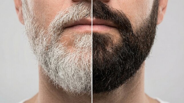Before and after comparison of a man's beard showing grey and dark