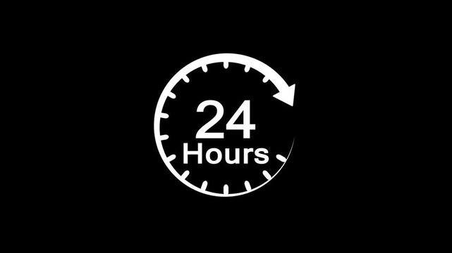 24 hours timer clock icon animation with circular arrow on black background