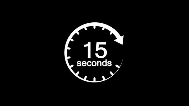 15 seconds countdown timer animation. Countdown timer from 0 to 15 seconds time on black background.