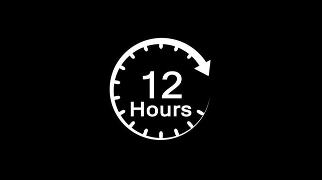 12 hours timer clock icon animation with circular arrow on black background.
