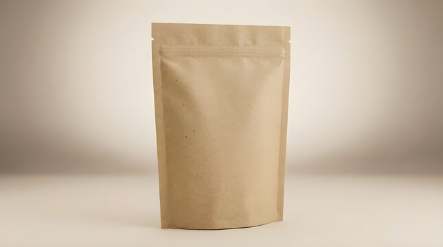 Blank kraft paper stand-up pouch, a versatile brown packaging bag for food, coffee, or dry goods. Empty eco-friendly retail product mock-up.