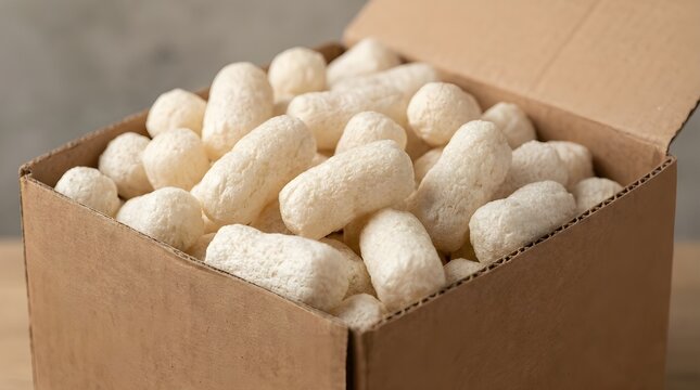 Eco-friendly packaging peanuts, biodegradable white foam packing material, sustainable shipping protection, cushioning for fragile items, cardboard box filler.