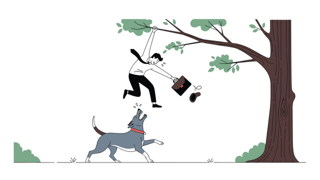 Panicked businessman in a formal suit hanging from a tree branch while a large barking dog tries to catch him from below in a park.