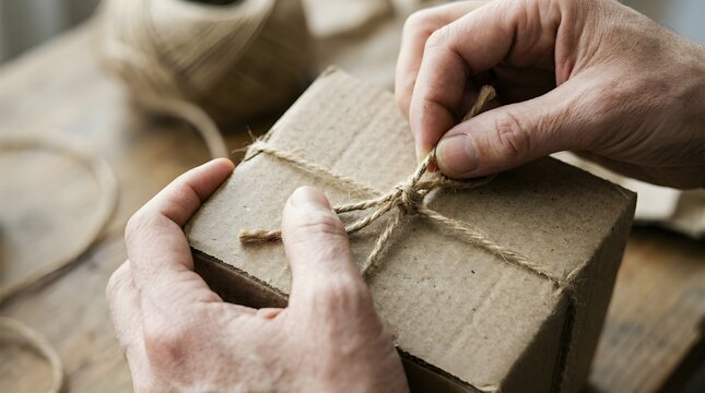 Rustic gift wrapping, hands tying natural twine bow on a brown cardboard box. Eco-friendly packaging for presents, handmade crafts, or small business shipping.